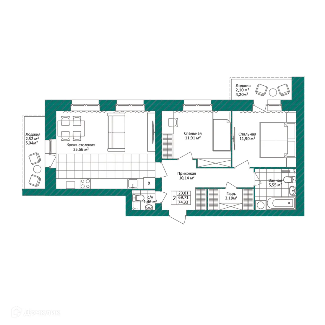 Планировка 2-комнатной квартиры 74.33 м² в ЖК Минималист, г. Ярославль — фото 1