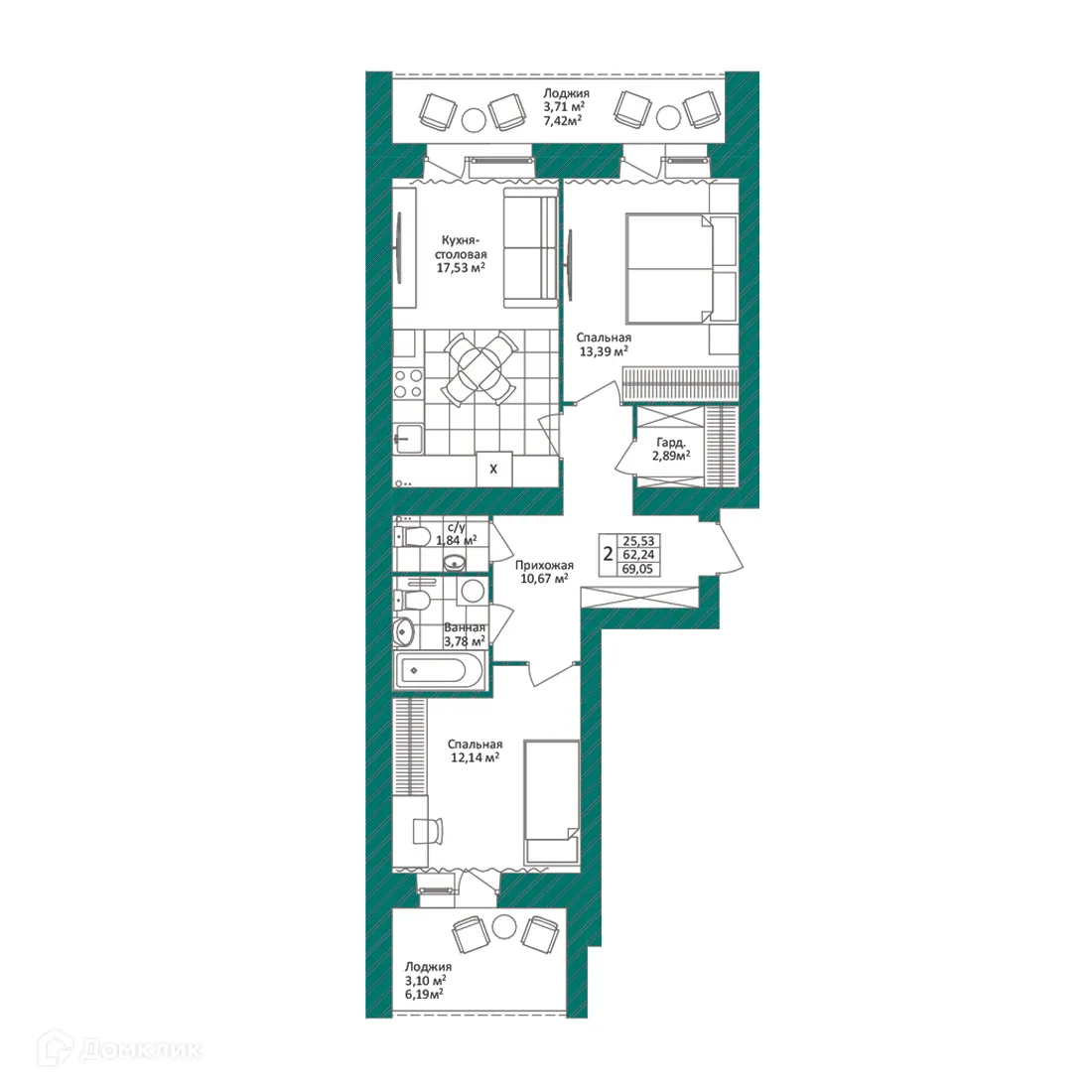 Планировка 2-комнатной квартиры 69.05 м² в ЖК Минималист, г. Ярославль — фото 1