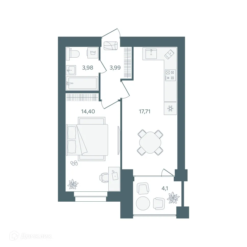 Планировка 1-комнатной квартиры 42.13 м² в ЖК "Волга-Лайф резиденции", г. Ярославль — фото 1