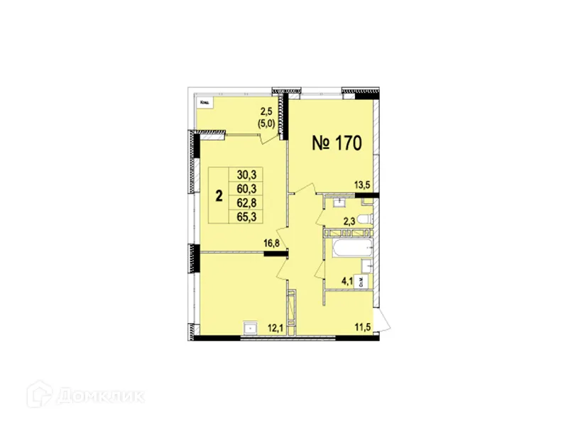 Планировка 2-комнатной квартиры 62.8 м² в ЖК Светлояр Сити, г. Ярославль — фото 1