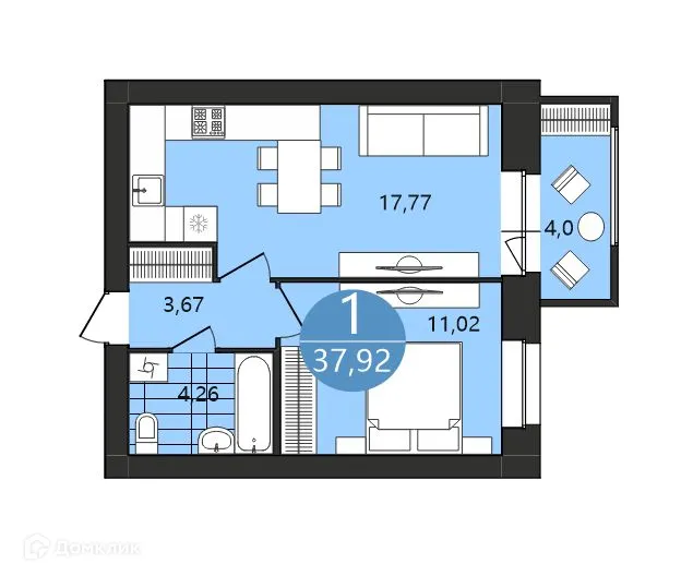 Планировка 1-комнатной квартиры 37.92 м² в ЖК " Московский квартал", г. Ярославль — фото 1