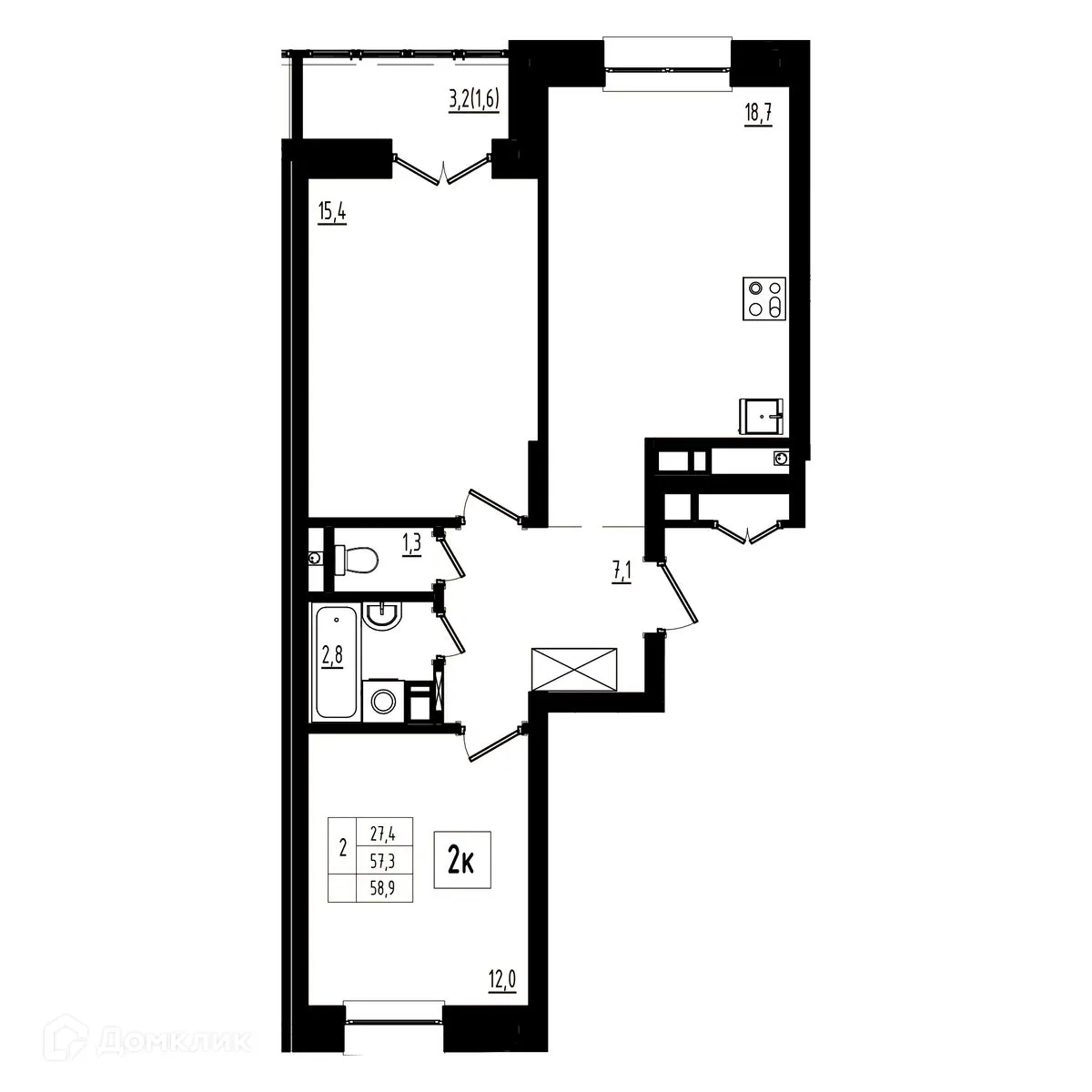 Планировка 2-комнатной квартиры 58.9 м² в ЖК Мелодия леса, г. Ярославль — фото 1