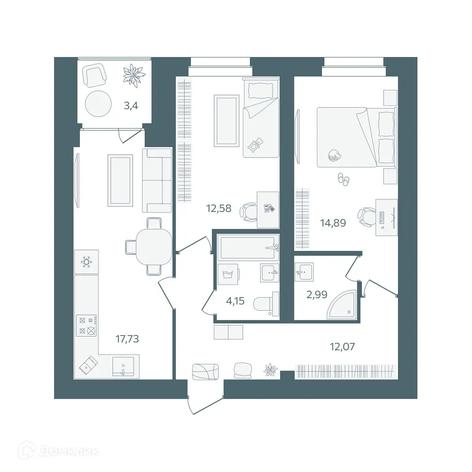 Планировка 2-комнатной квартиры 66.11 м² в ЖК "Волга-Лайф резиденции", г. Ярославль — фото 1