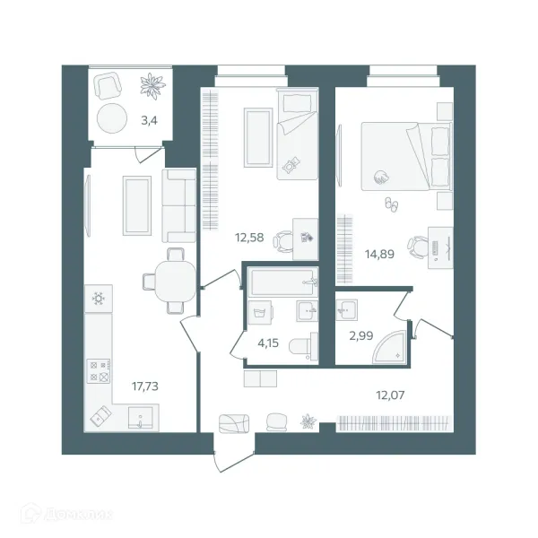 Планировка 2 комн. в ЖК "Волга-Лайф резиденции"