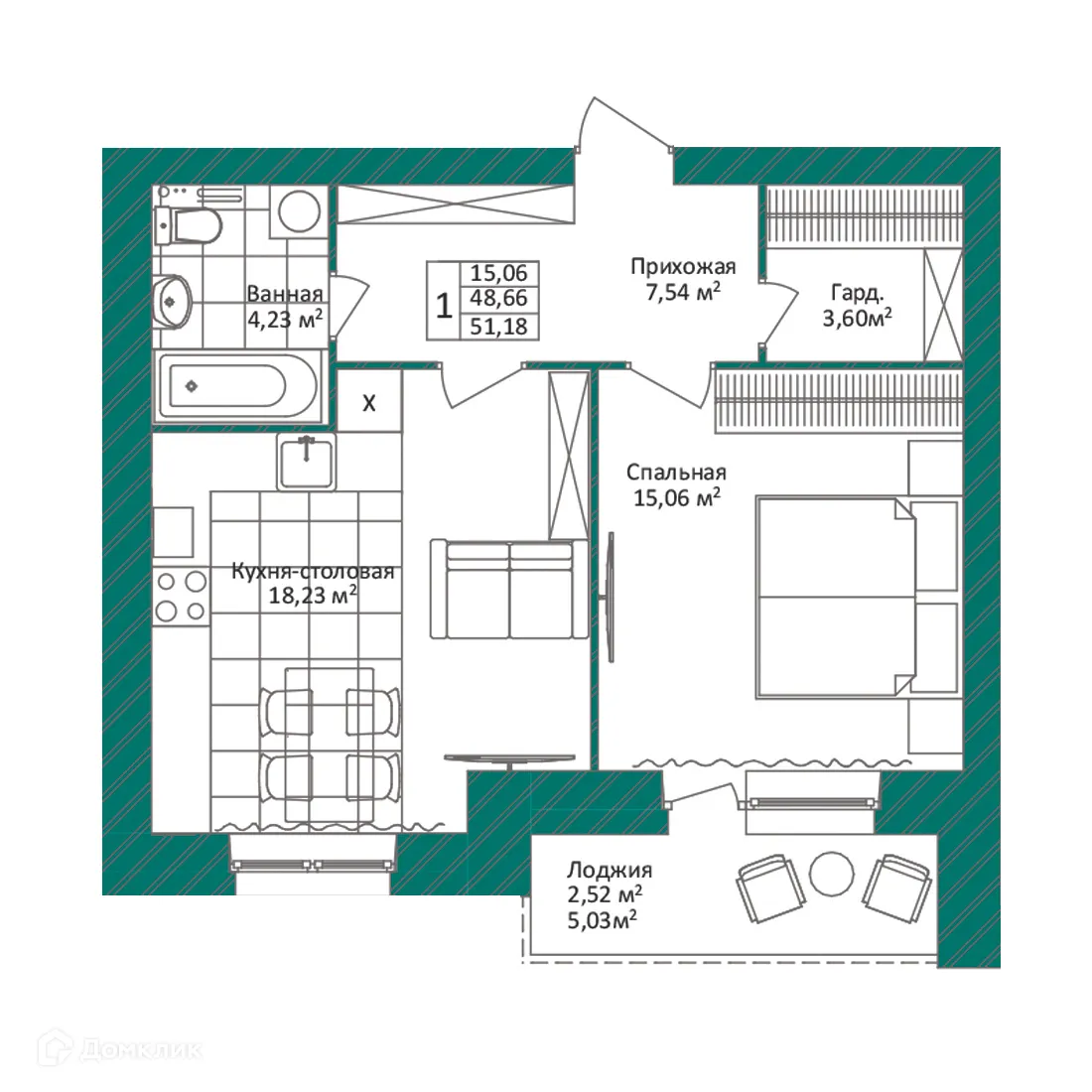 Планировка 1-комнатной квартиры 51.18 м² в ЖК Минималист, г. Ярославль — фото 1