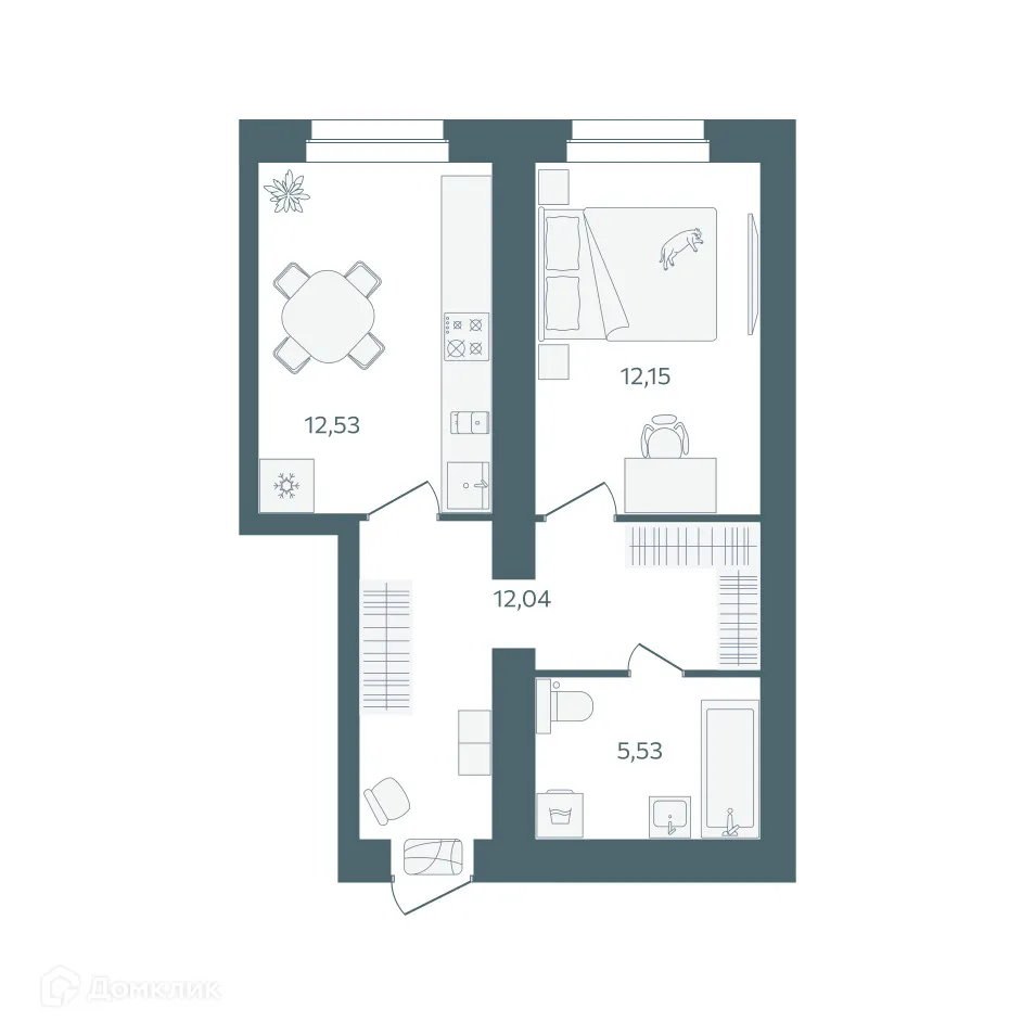Планировка 1-комнатной квартиры 42.25 м² в ЖК "Волга-Лайф резиденции", г. Ярославль — фото 1
