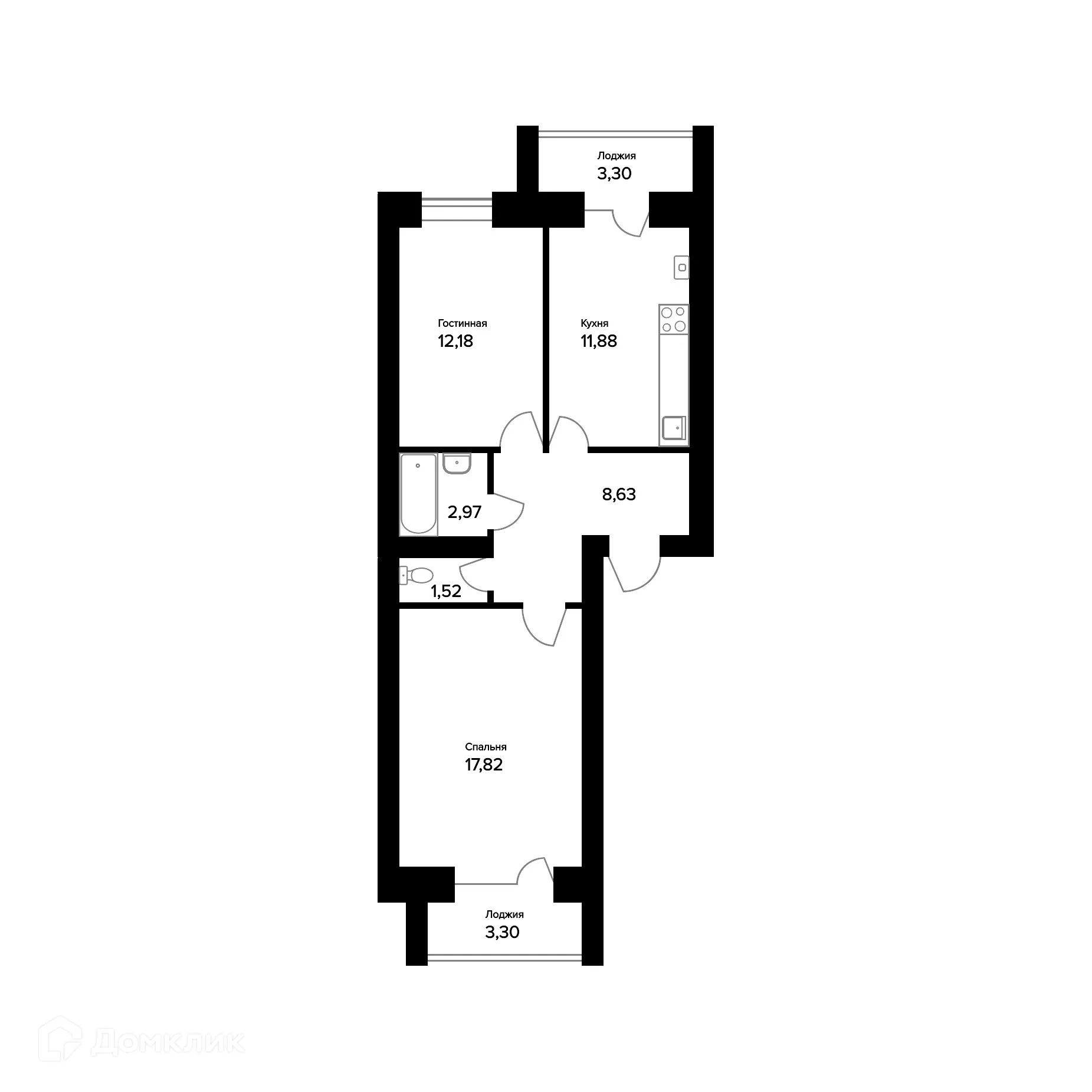 Планировка 2-комнатной квартиры 58.3 м² в ЖК "Норские резиденции", г. Ярославль — фото 1