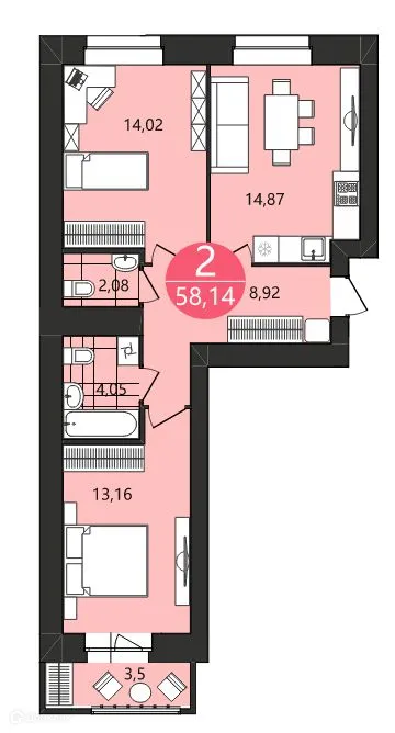 Планировка 2-комнатной квартиры 58.14 м² в ЖК " Московский квартал", г. Ярославль — фото 1