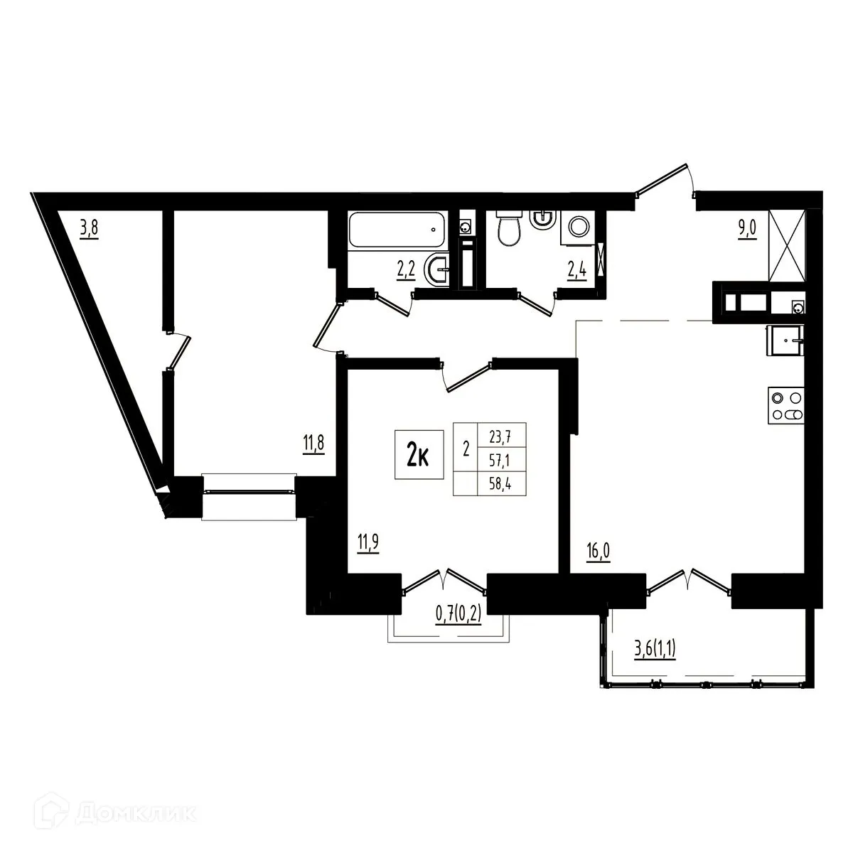 Планировка 2-комнатной квартиры 58.4 м² в ЖК Мелодия леса, г. Ярославль — фото 1