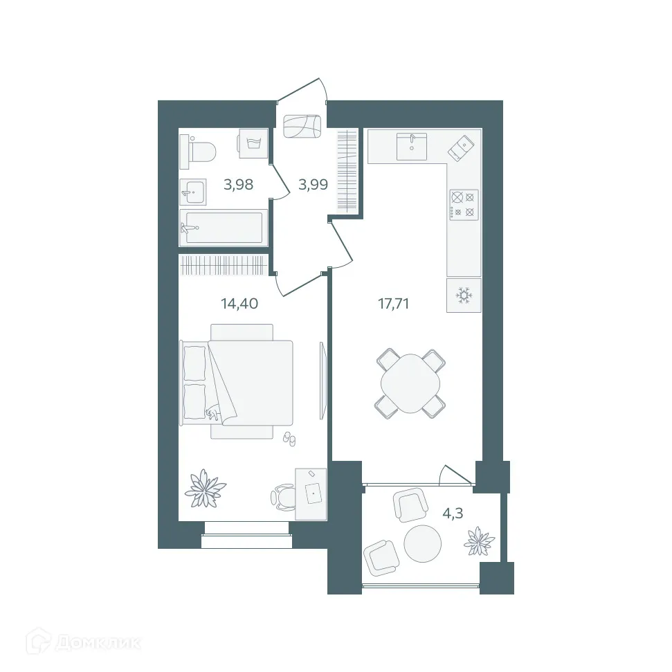 Планировка 1-комнатной квартиры 42.23 м² в ЖК "Волга-Лайф резиденции", г. Ярославль — фото 1