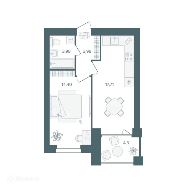 Планировка 1 комн. в ЖК "Волга-Лайф резиденции"