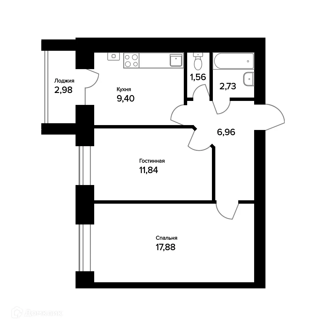 Планировка 2-комнатной квартиры 51.86 м² в ЖК "Норские резиденции", г. Ярославль — фото 1