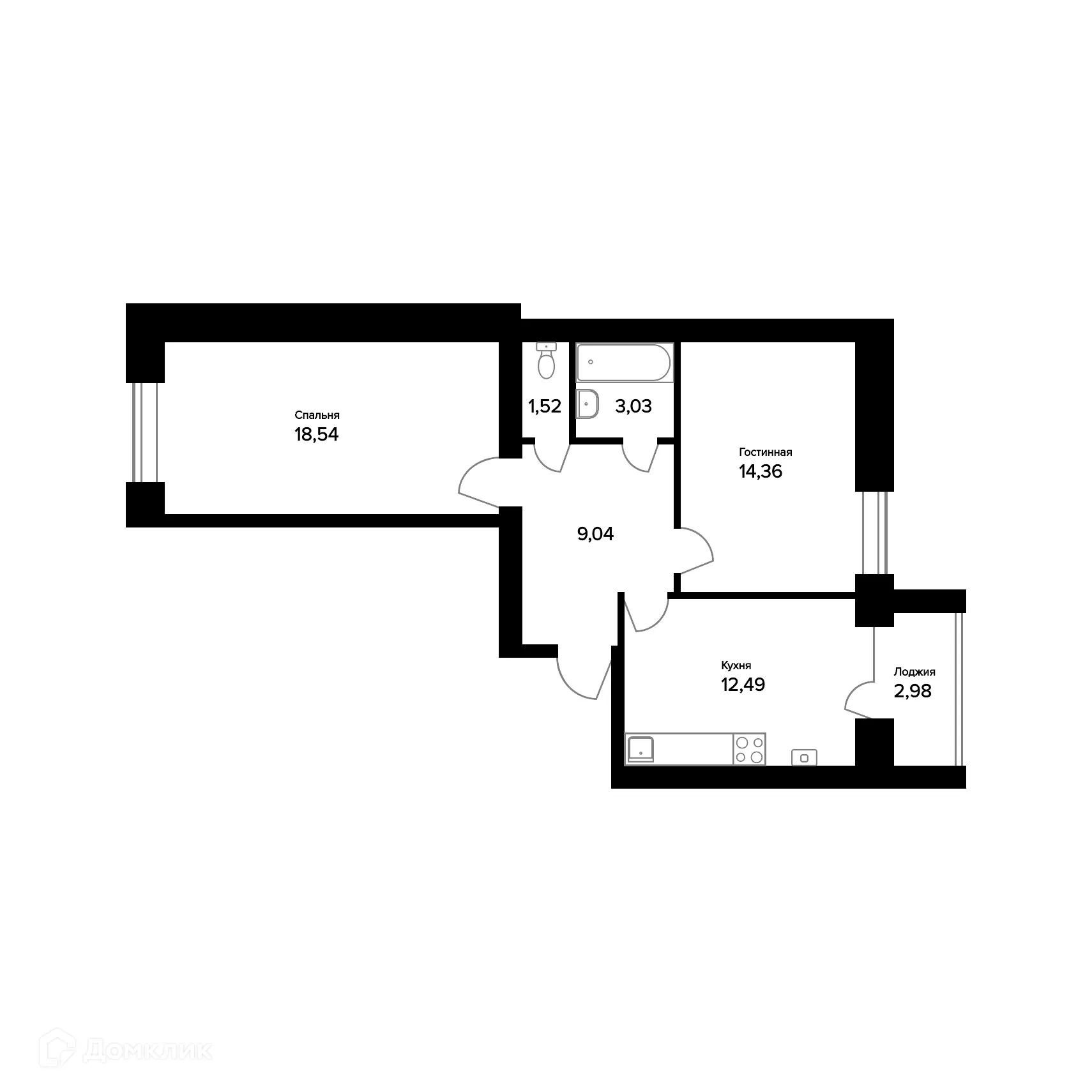 Планировка 2-комнатной квартиры 60.47 м² в ЖК "Норские резиденции", г. Ярославль — фото 1
