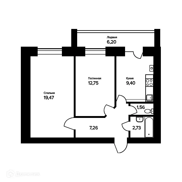 Планировка 2-комнатной квартиры 56.27 м² в ЖК "Норские резиденции", г. Ярославль — фото 1