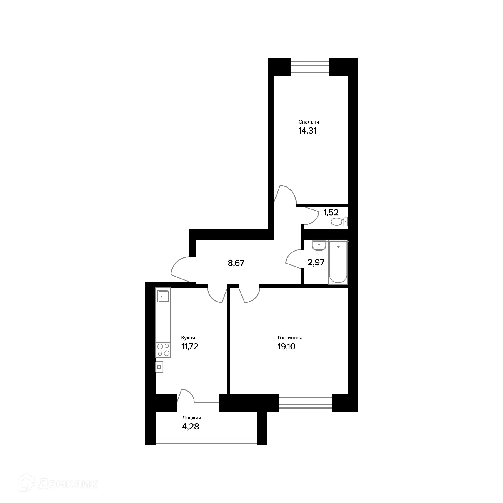 Планировка 2-комнатной квартиры 60.43 м² в ЖК "Норские резиденции", г. Ярославль — фото 1