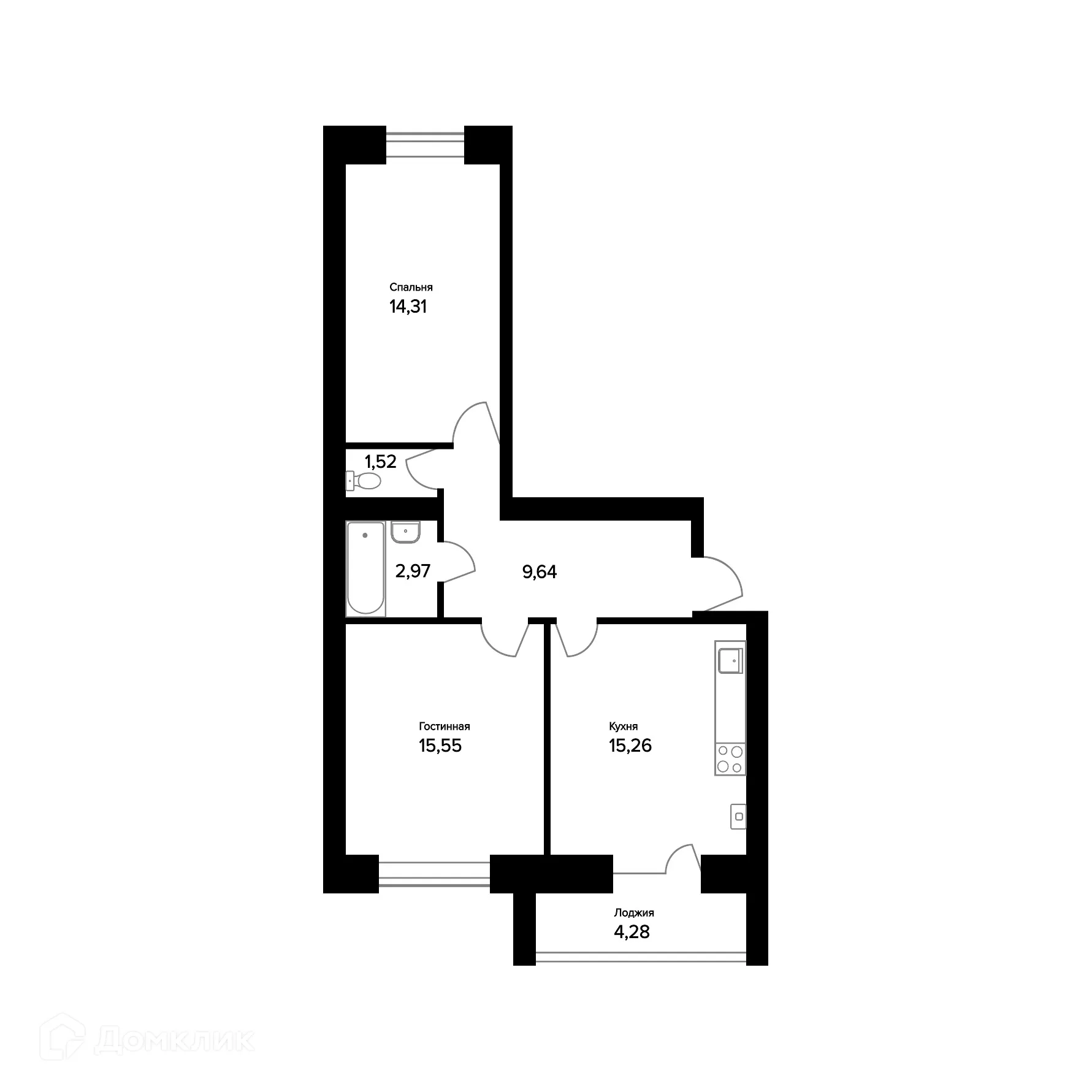 Планировка 2-комнатной квартиры 61.39 м² в ЖК "Норские резиденции", г. Ярославль — фото 1