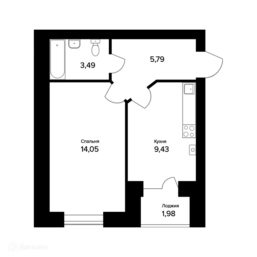 Планировка 1-комнатной квартиры 33.75 м² в ЖК "Норские резиденции", г. Ярославль — фото 1