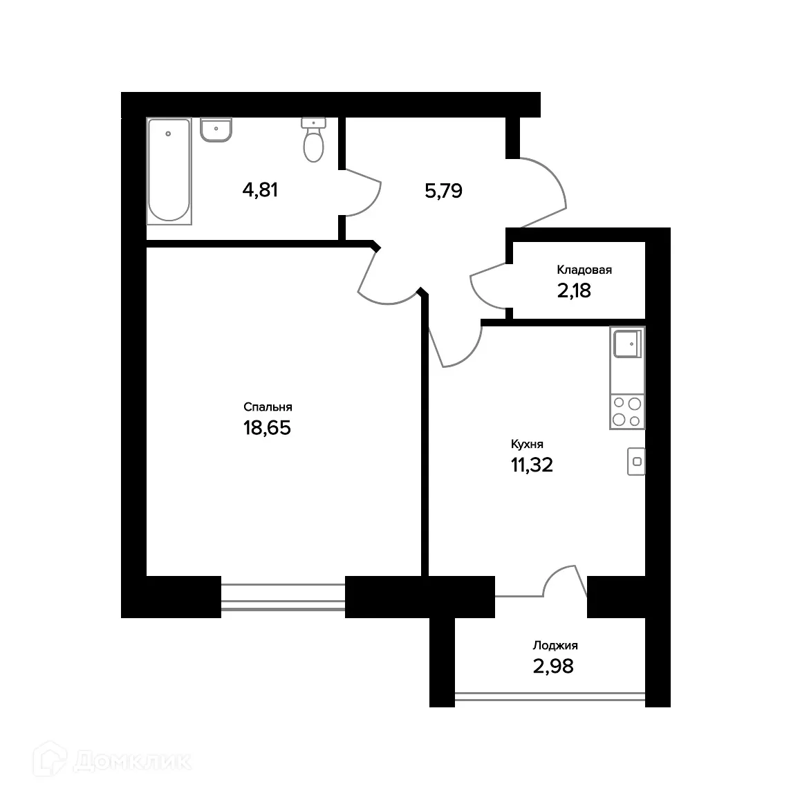 Планировка 1-комнатной квартиры 44.24 м² в ЖК "Норские резиденции", г. Ярославль — фото 1