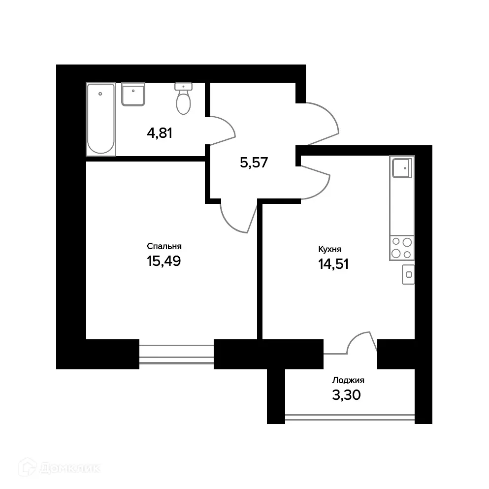 Планировка 1-комнатной квартиры 42.03 м² в ЖК "Норские резиденции", г. Ярославль — фото 1