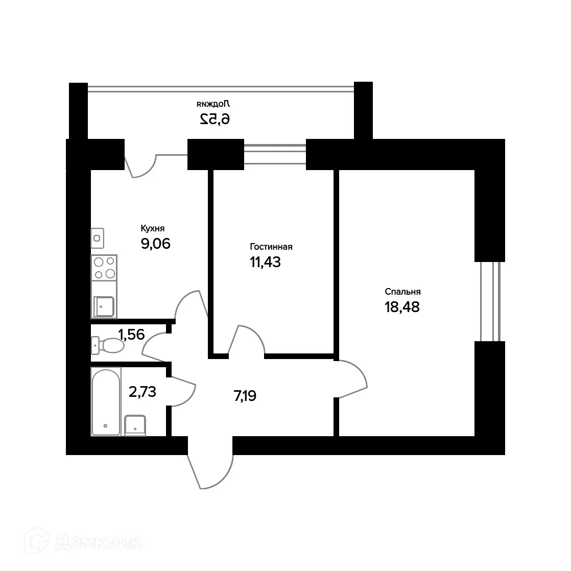 Планировка 2-комнатной квартиры 53.71 м² в ЖК "Норские резиденции", г. Ярославль — фото 1