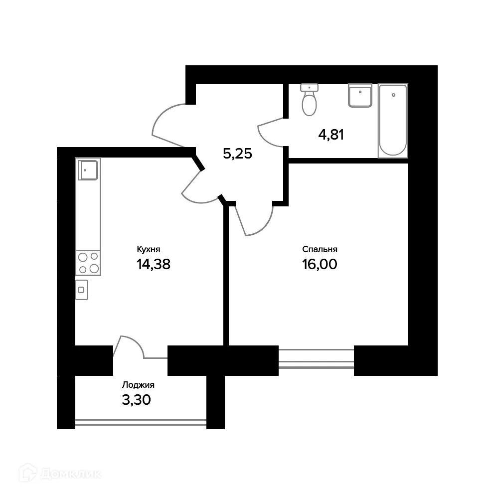 Планировка 1-комнатной квартиры 42.09 м² в ЖК "Норские резиденции", г. Ярославль — фото 1