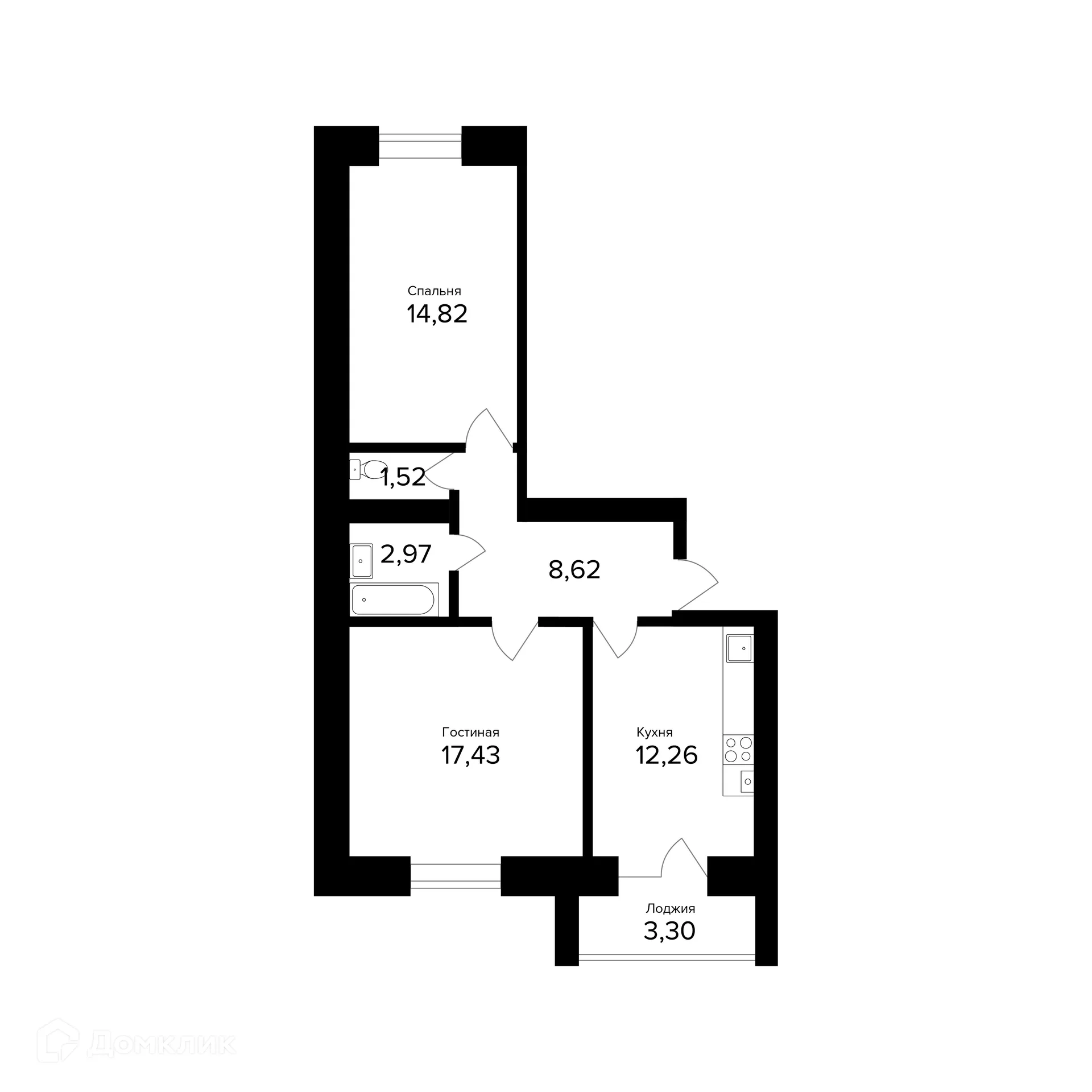 Планировка 2-комнатной квартиры 59.27 м² в ЖК "Норские резиденции", г. Ярославль — фото 1