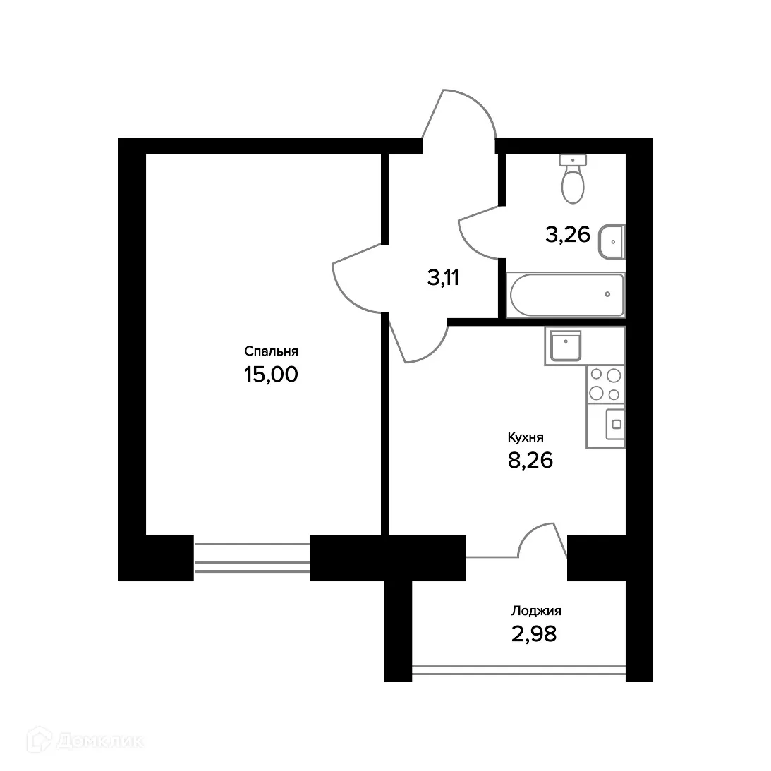 Планировка 1-комнатной квартиры 31.12 м² в ЖК "Норские резиденции", г. Ярославль — фото 1