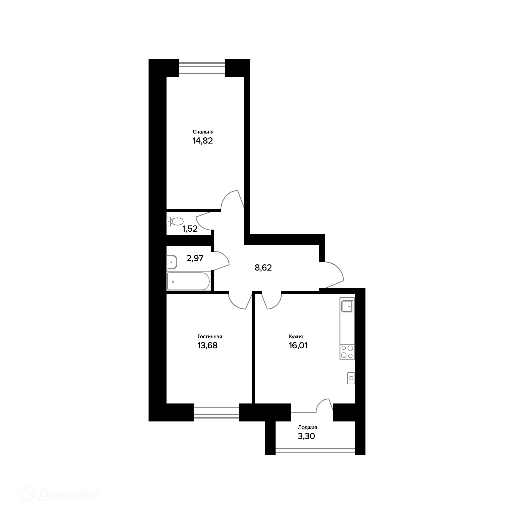 Планировка 2-комнатной квартиры 59.27 м² в ЖК "Норские резиденции", г. Ярославль — фото 1