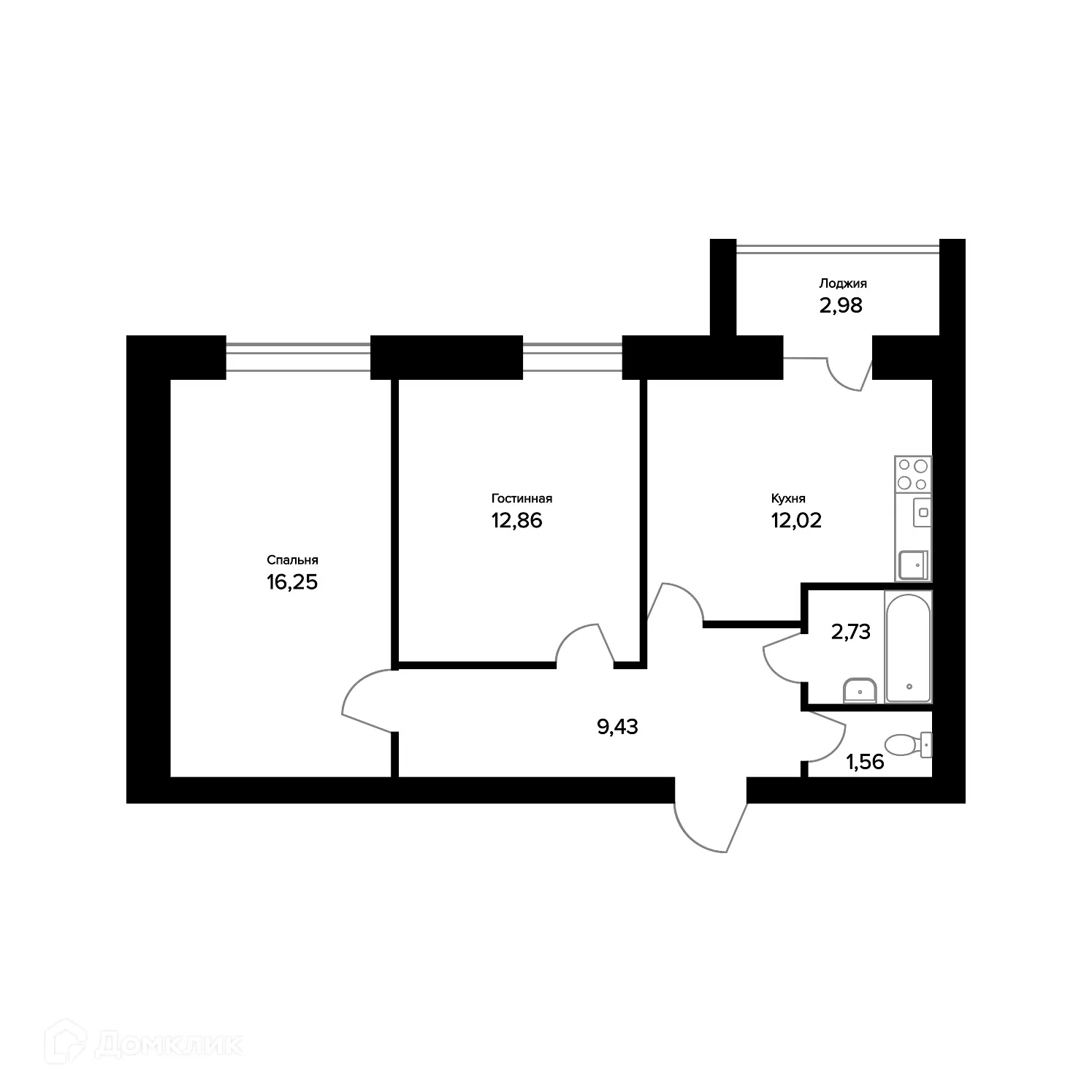 Планировка 2-комнатной квартиры 56.34 м² в ЖК "Норские резиденции", г. Ярославль — фото 1