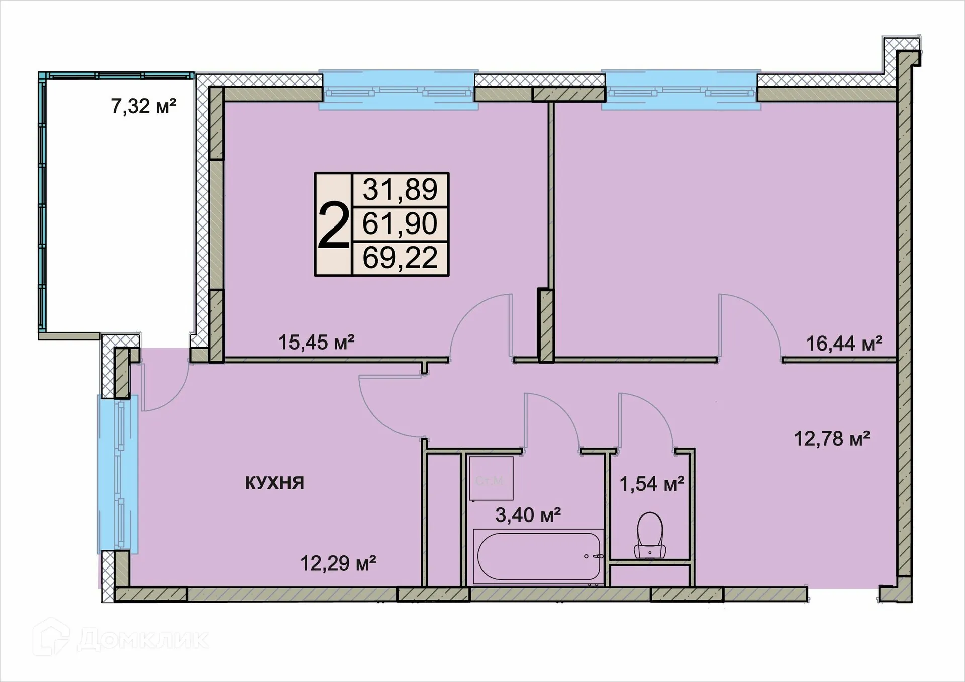 Планировка 2-комнатной квартиры 69.22 м² в ЖК Чернопрудная-2, г. Ярославль — фото 1