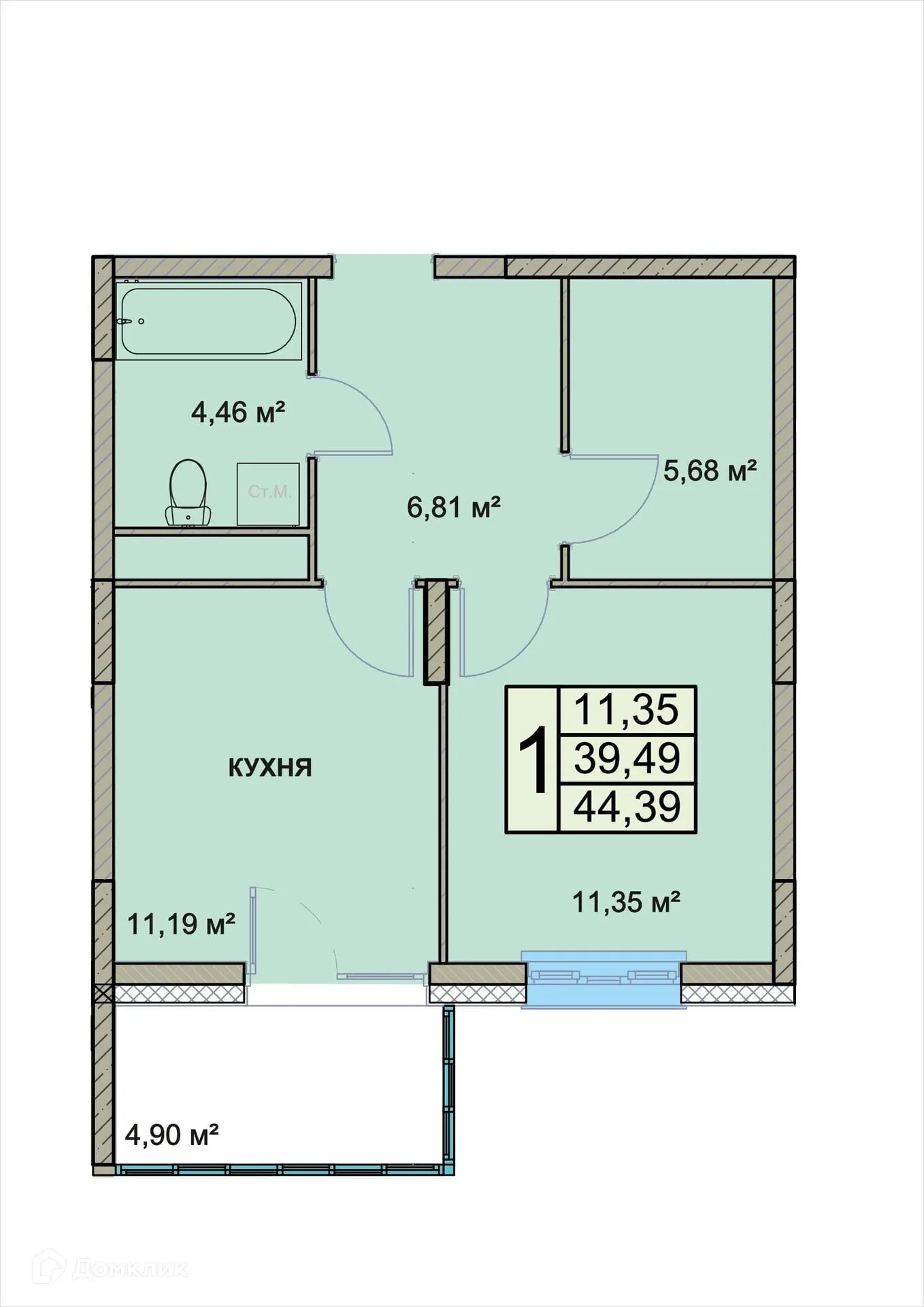 Планировка 1-комнатной квартиры 44.39 м² в ЖК Чернопрудная-2, г. Ярославль — фото 1
