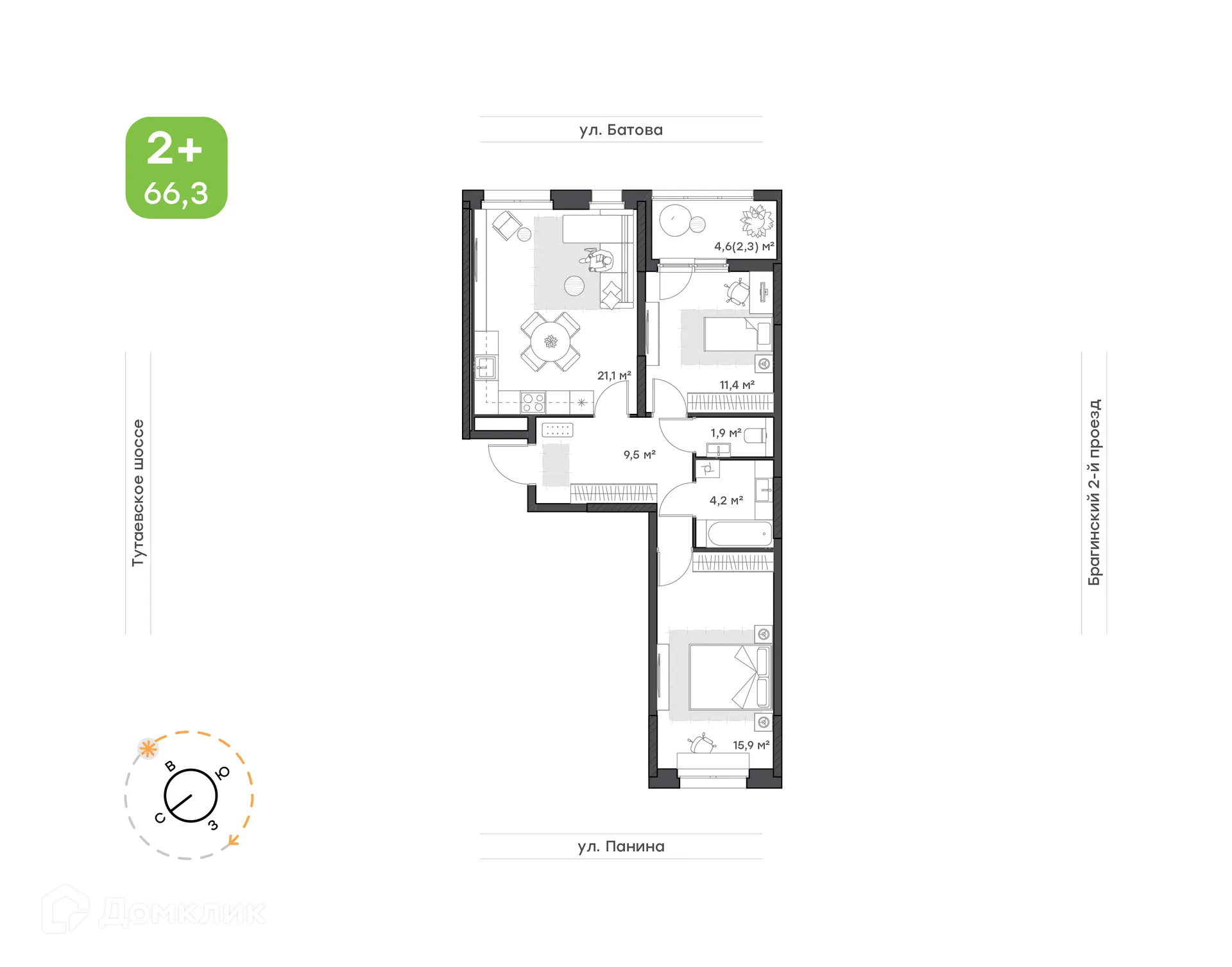 Планировка 2-комнатной квартиры 66.3 м² в ЖК "Новеллы", г. Ярославль — фото 1