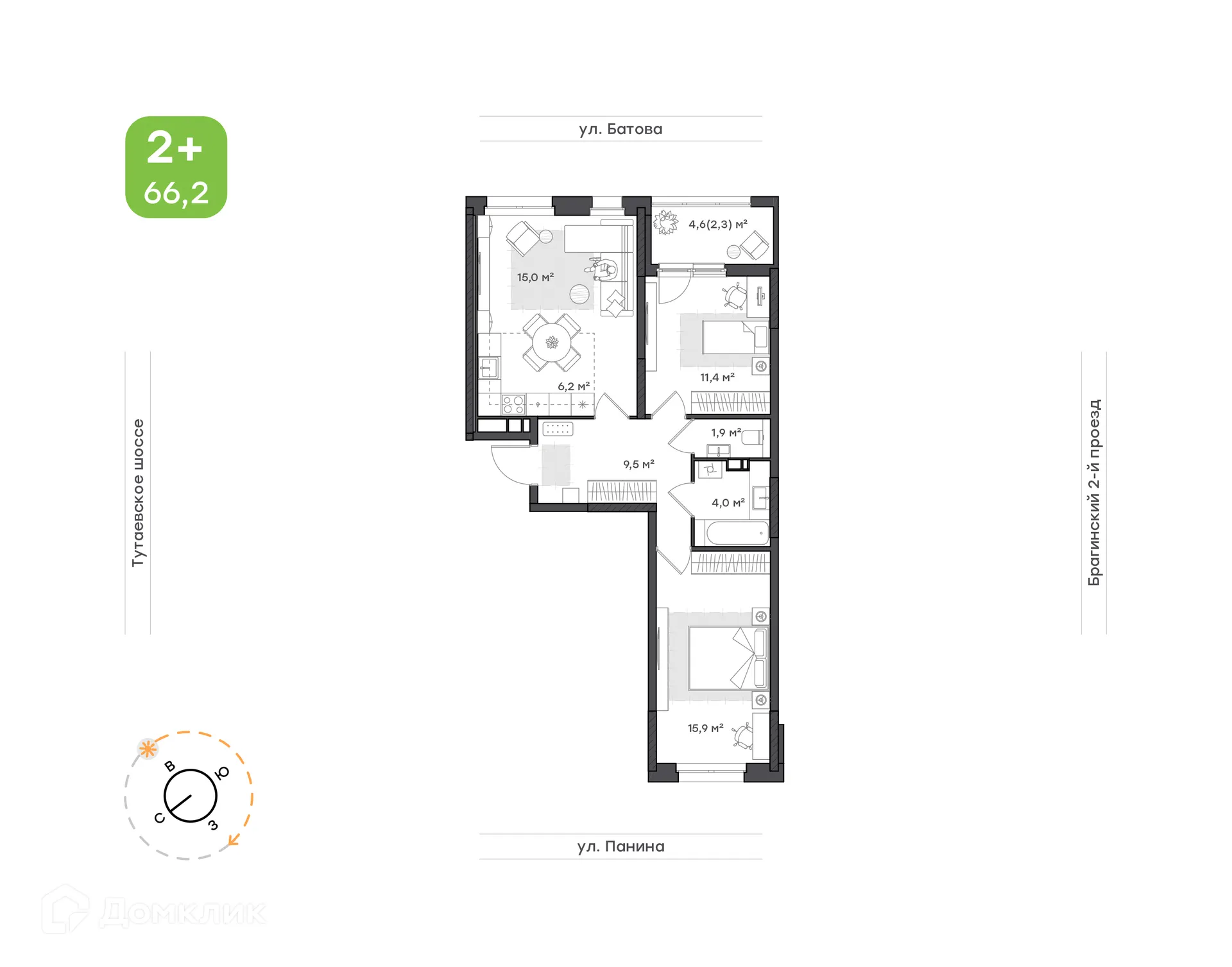 Планировка 3-комнатной квартиры 66.2 м² в ЖК "Новеллы", г. Ярославль — фото 1