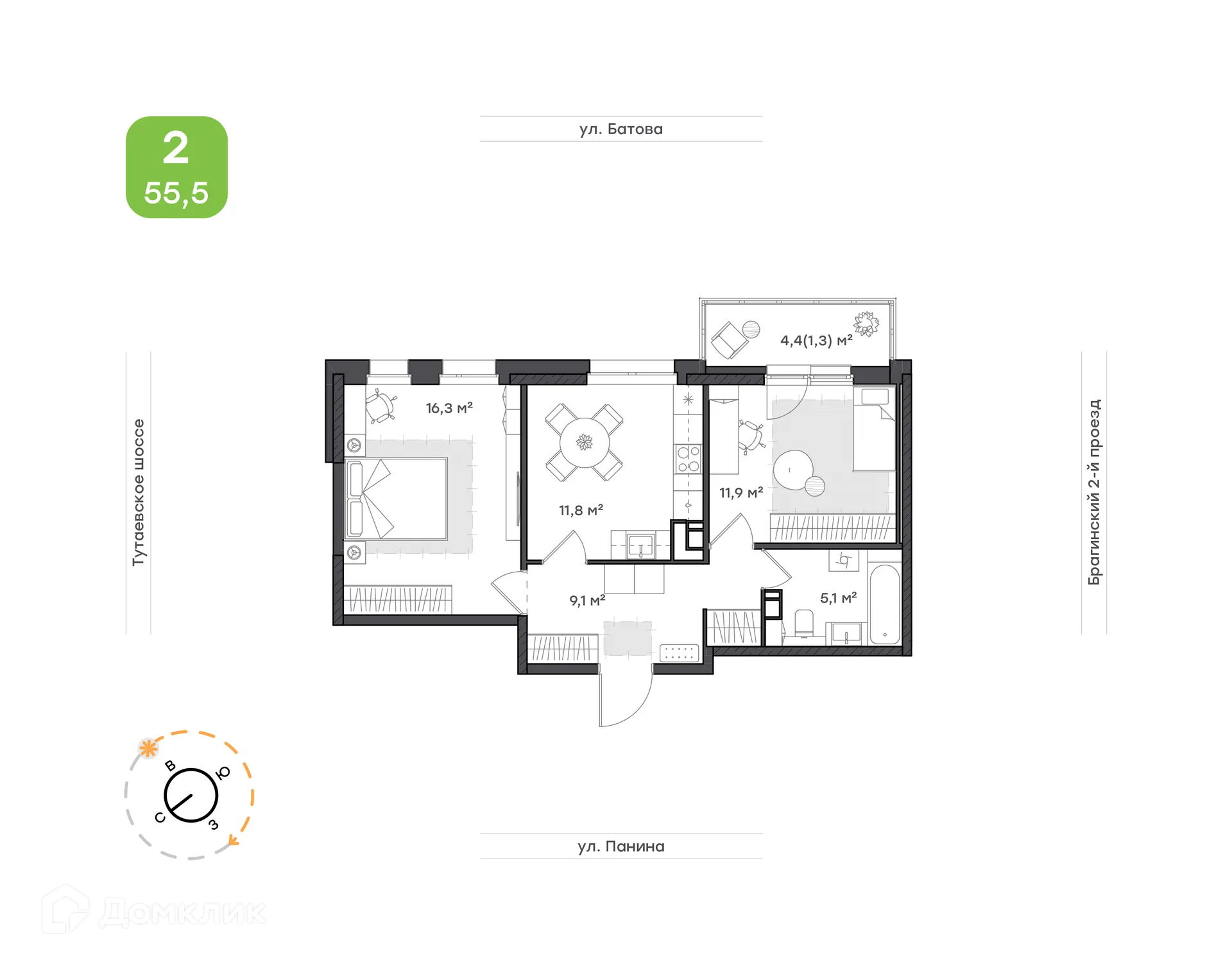 Планировка 2-комнатной квартиры 55.5 м² в ЖК "Новеллы", г. Ярославль — фото 1
