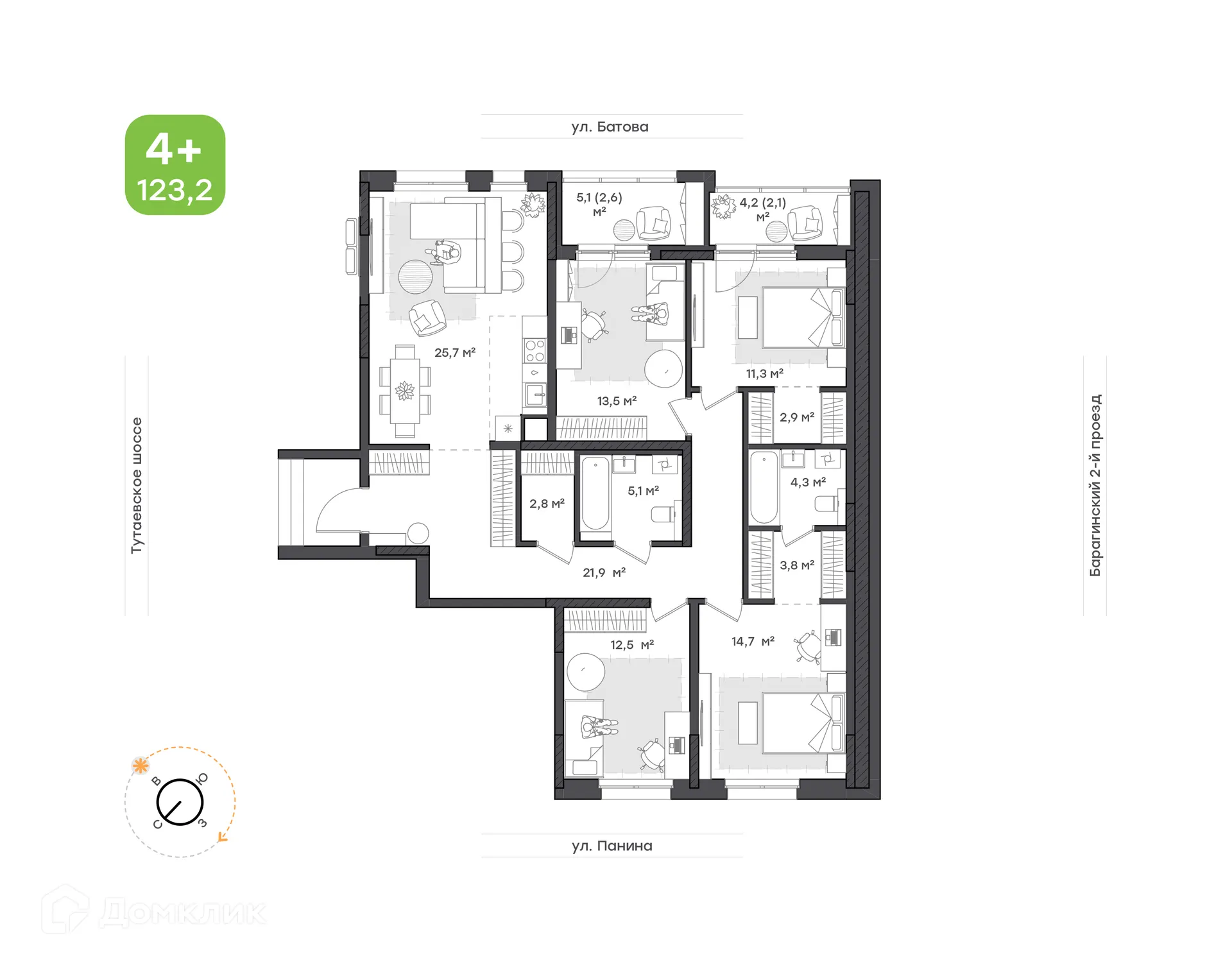 Планировка 4-комнатной квартиры 123.2 м² в ЖК "Новеллы", г. Ярославль — фото 1