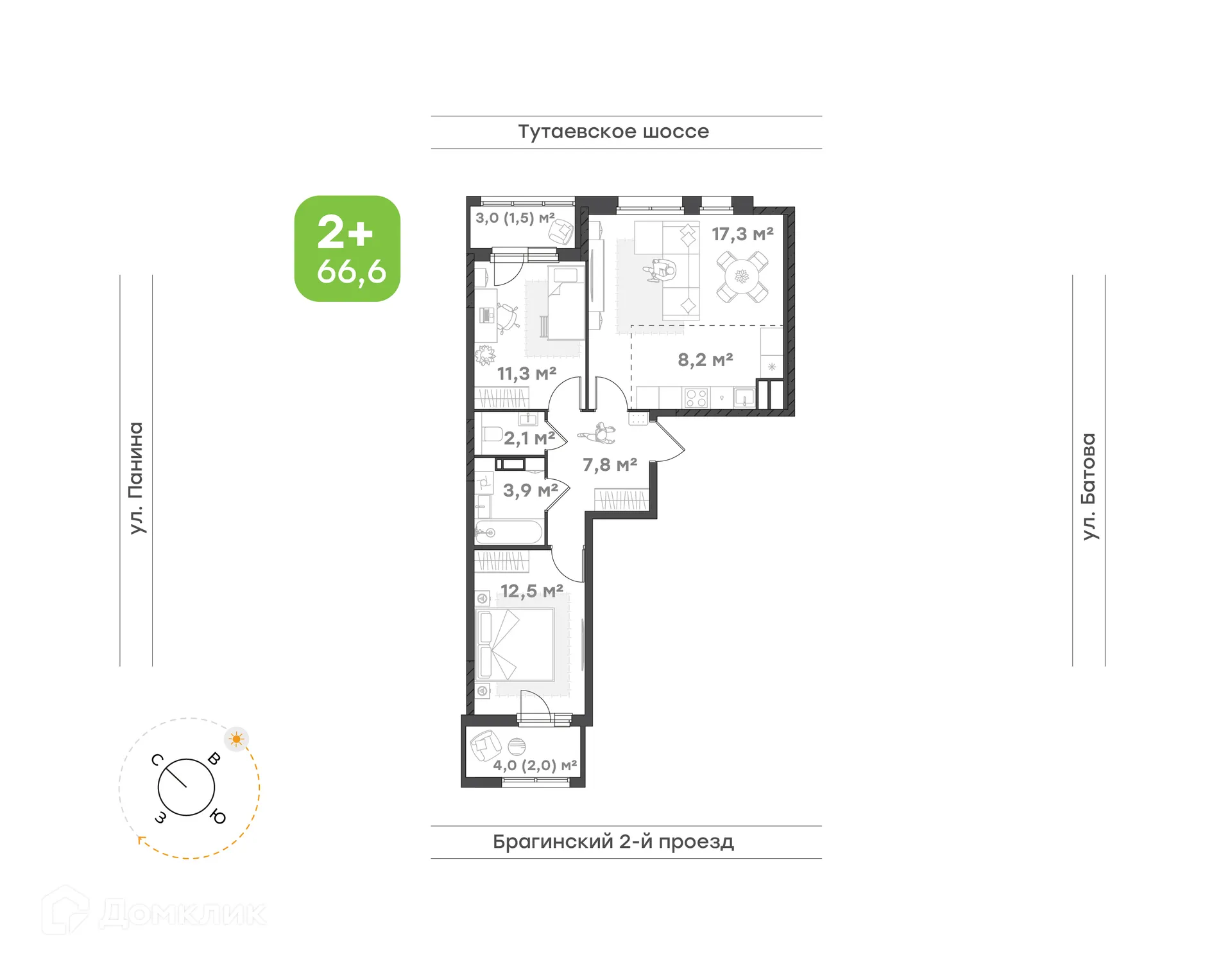 Планировка 3-комнатной квартиры 66.6 м² в ЖК "Новеллы", г. Ярославль — фото 1