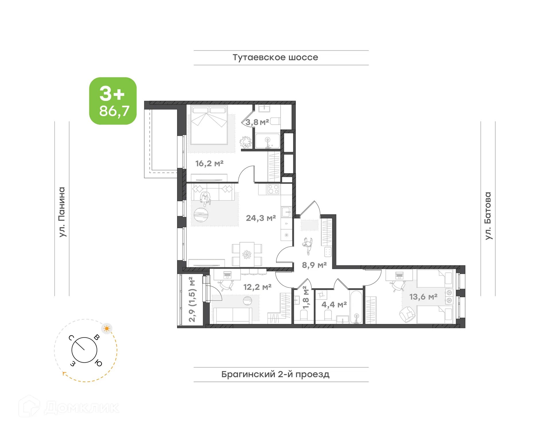 Планировка 3-комнатной квартиры 86.7 м² в ЖК "Новеллы", г. Ярославль — фото 1