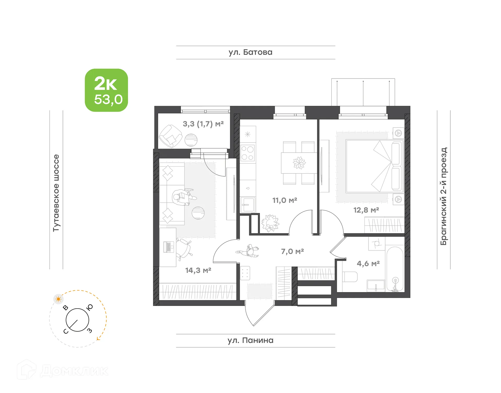Планировка 2-комнатной квартиры 51.4 м² в ЖК "Новеллы", г. Ярославль — фото 1
