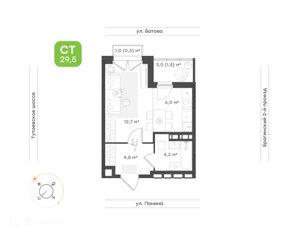 Планировка 1 комн. в ЖК "Новеллы"