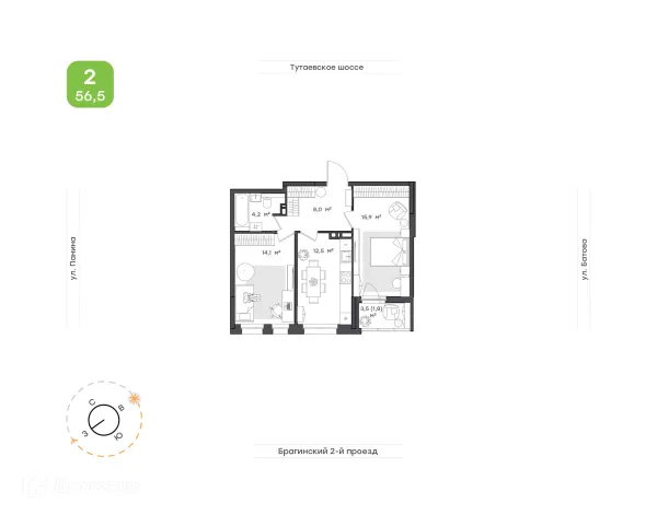 Планировка 2 комн. в ЖК "Новеллы"