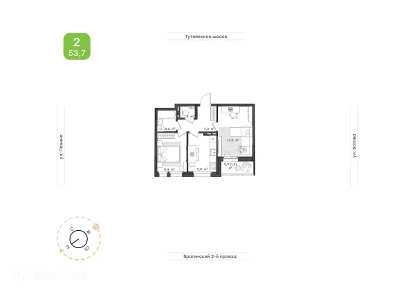 Планировка 2 комн. в ЖК "Новеллы"