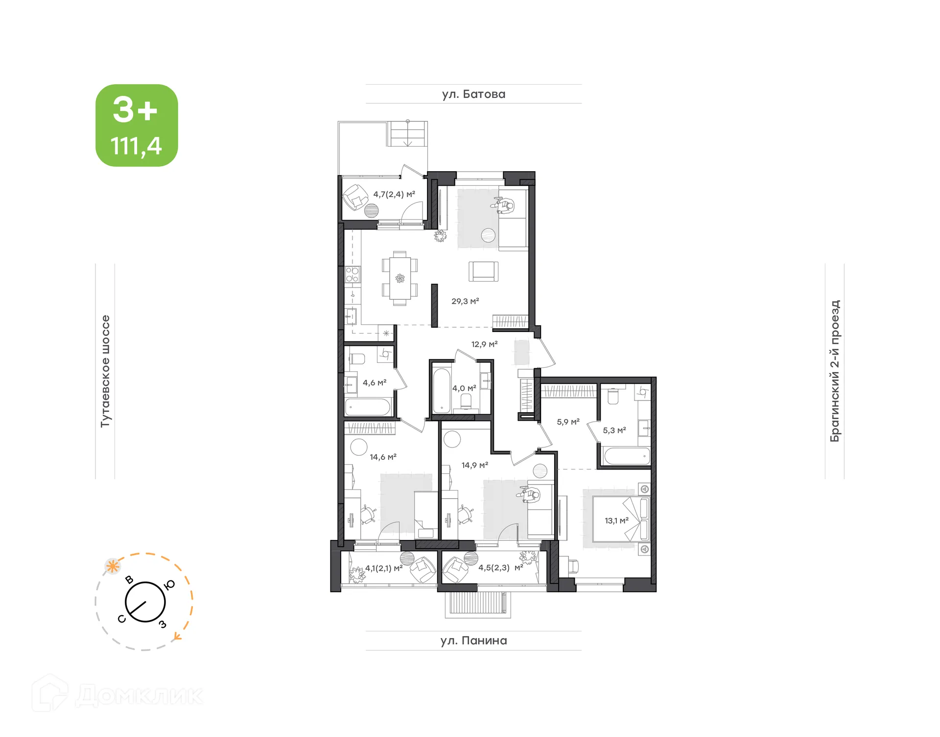 Планировка 4-комнатной квартиры 111.4 м² в ЖК "Новеллы", г. Ярославль — фото 1