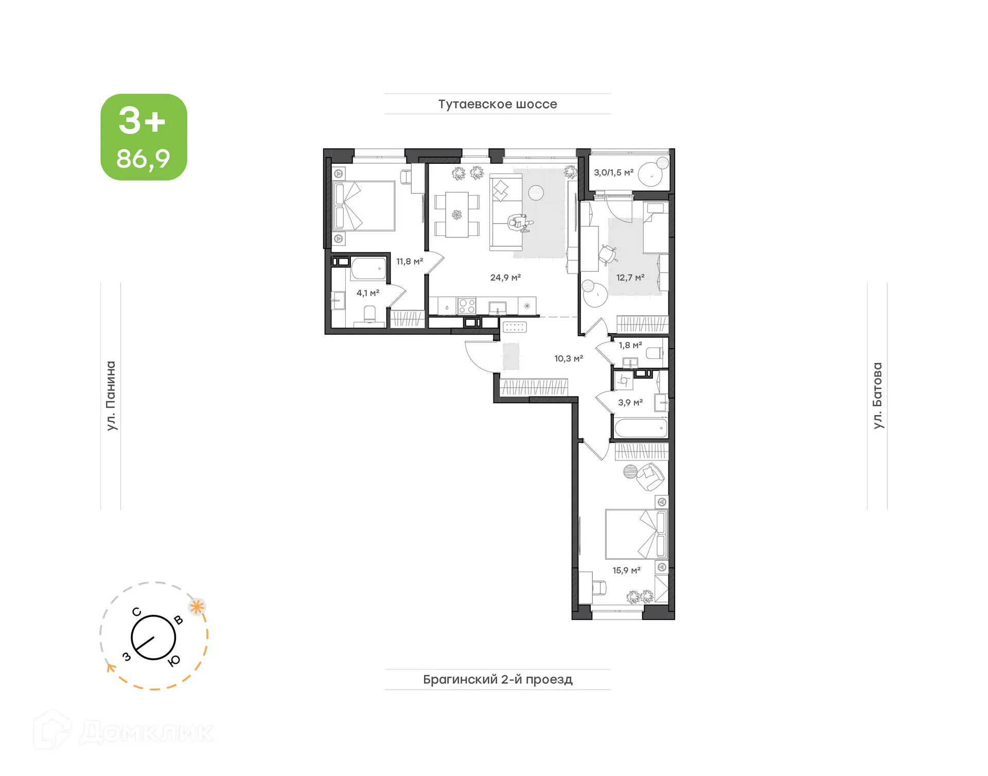 Планировка 3-комнатной квартиры 86.9 м² в ЖК "Новеллы", г. Ярославль — фото 1