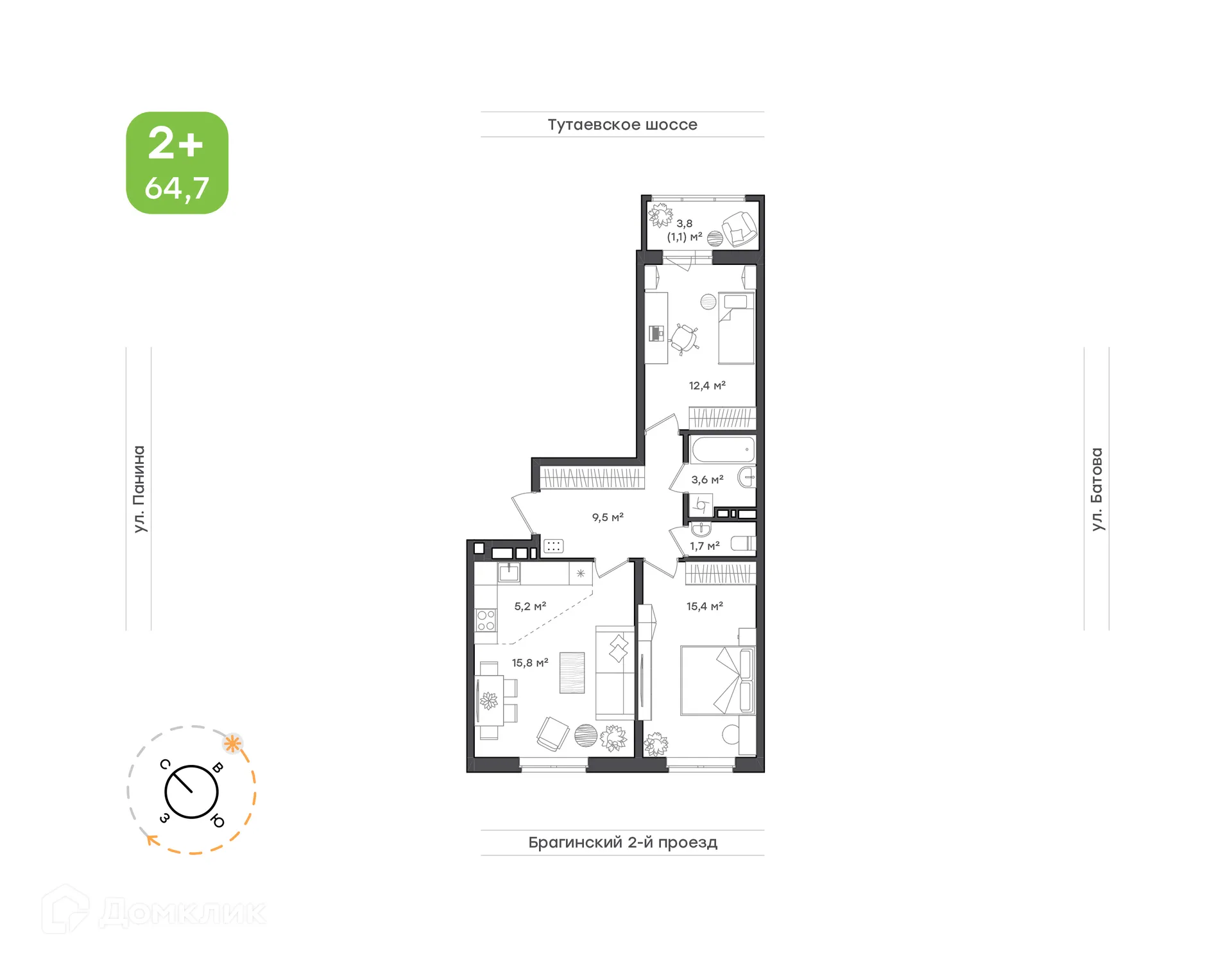 Планировка 3-комнатной квартиры 64.7 м² в ЖК "Новеллы", г. Ярославль — фото 1