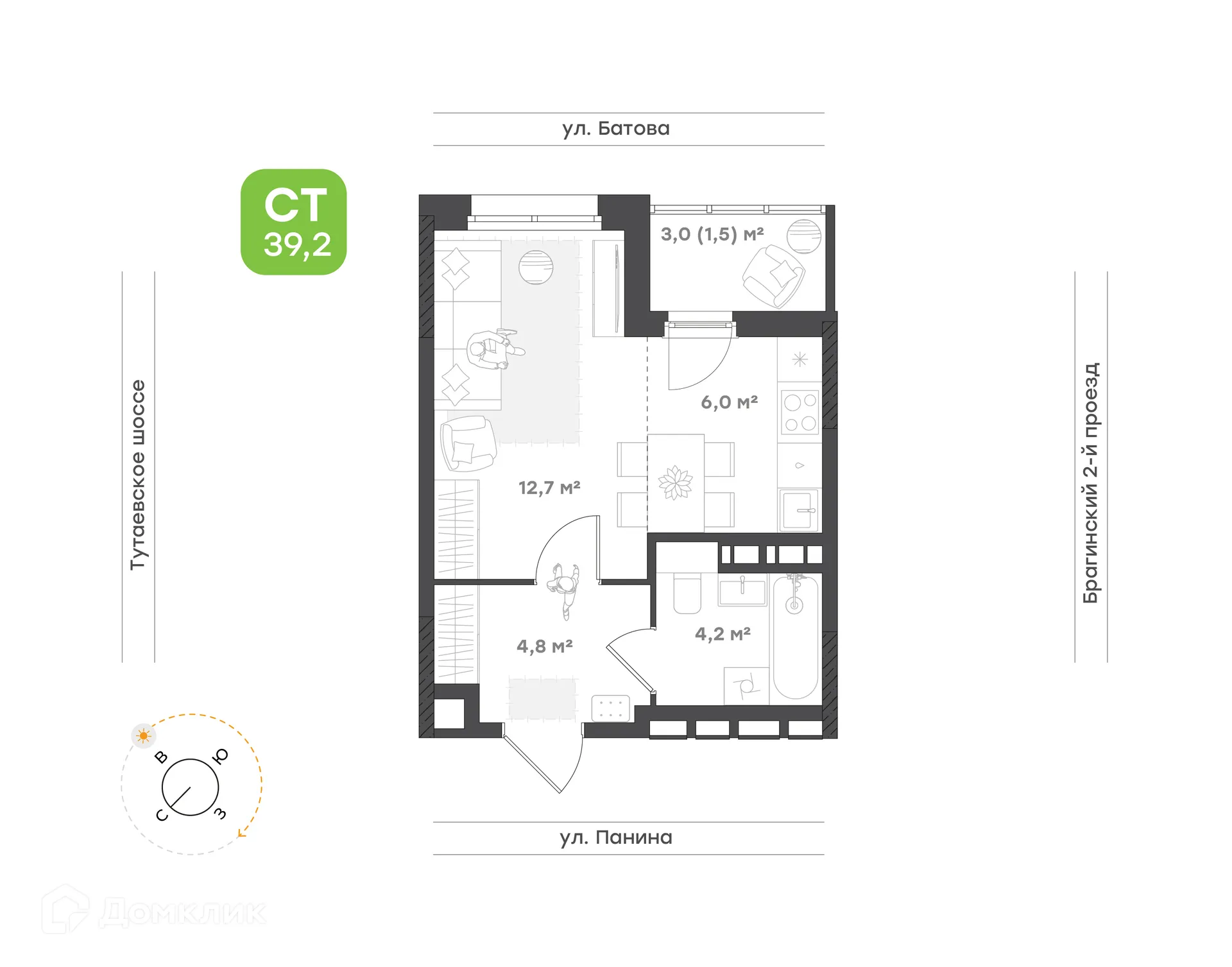 Планировка 1-комнатной квартиры 29.2 м² в ЖК "Новеллы", г. Ярославль — фото 1