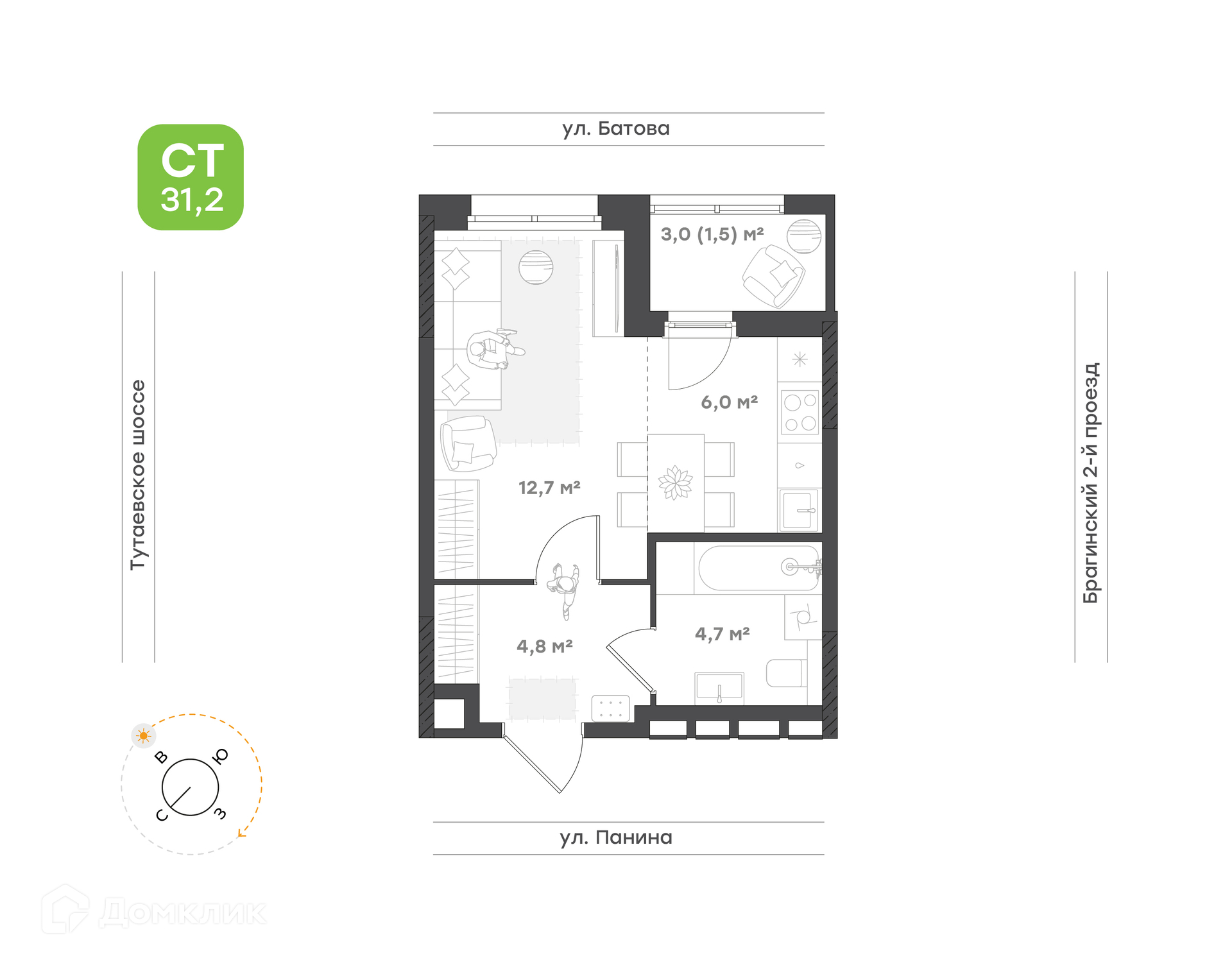 Планировка 1 комн. в ЖК "Новеллы"