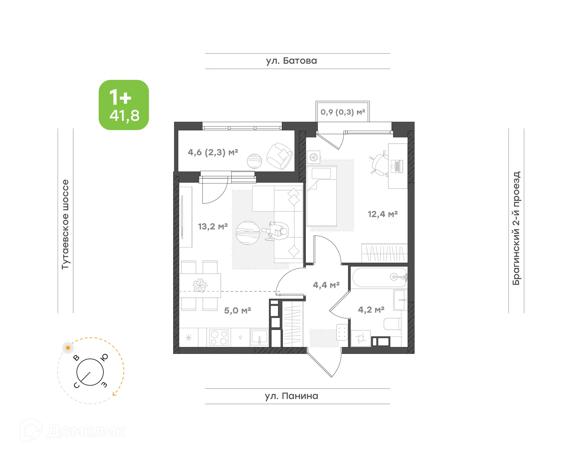 Планировка 2-комнатной квартиры 41.8 м² в ЖК "Новеллы", г. Ярославль — фото 1
