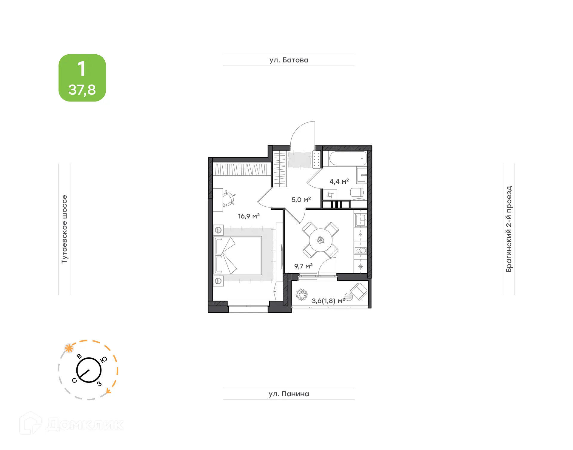 Планировка 1-комнатной квартиры 37.8 м² в ЖК "Новеллы", г. Ярославль — фото 1