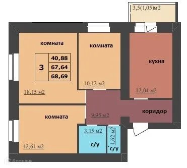Планировка 3-комнатной квартиры 68.69 м² в ЖК МЕГАПОЛИС, г. Ярославль — фото 1