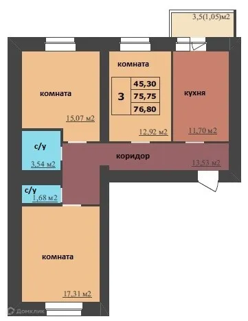 Планировка 3-комнатной квартиры 76.8 м² в ЖК МЕГАПОЛИС, г. Ярославль — фото 1